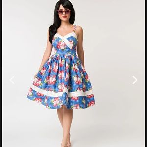 Unique Vintage Blue and White Floral Midi Dress